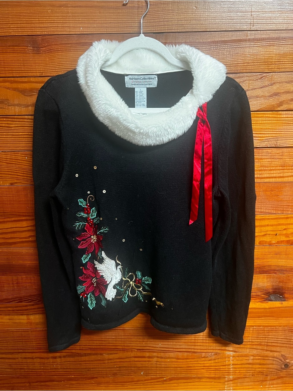 Heirloom Collectibles Christmas Sweater Womens L Dove Poinsettia Faux Fur